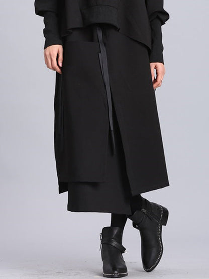 Raised Bands Split-Joint Asymmetric Black Empire Skirt