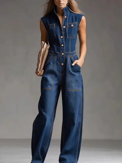 Loose Plus Size Buttoned Pockets Solid Color Split-Joint Stand Collar Jumpsuits