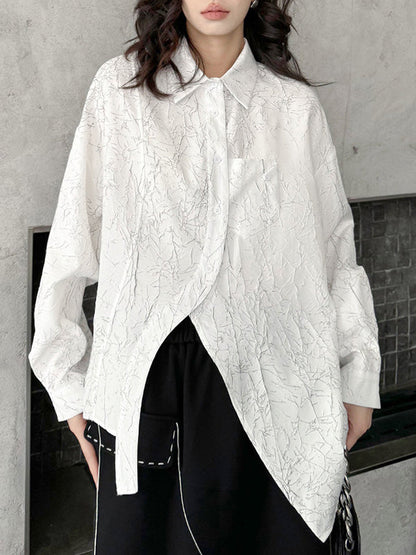 Irregularity Long Sleeves Abstract Printed Asymmetric Buttoned Wrinkled Lapel Blouses&Shirts Tops