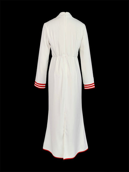 Robe longue moulante à manches longues et col en V profond, couleur contrastée, plissée et élastique 