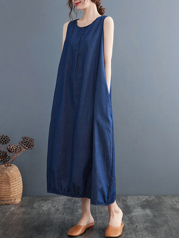A-Line Loose Buttoned Pleated Solid Color Round-Neck Midi Dresses