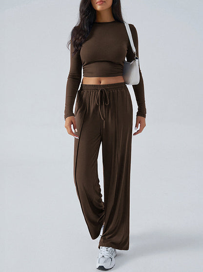 Long Sleeves Loose Solid Color Round-Neck T-Shirt Top + Drawstring Elasticity Pockets Pants Bottom Two Pieces Set