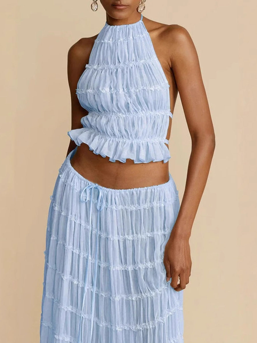Pleated Solid Color Textured Halter-Neck Cropped Backless Ruffled Tank Top + Tied Waist High Waisted Skirts Bottoms Two Pieces Set