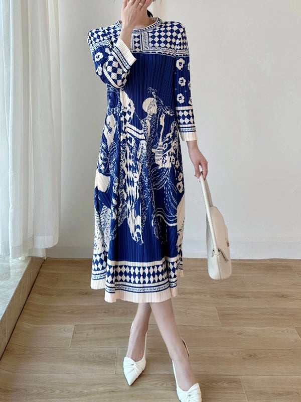 A-Line Loose Pleated Printed Round-Neck Midi Dresses