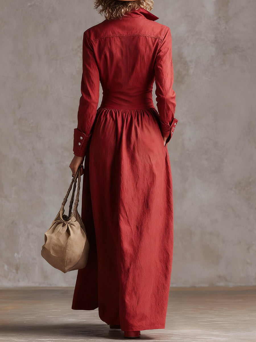 High Waisted Long Sleeves Buttoned Pleated Pockets Solid Color Split-Joint Lapel Maxi Dresses