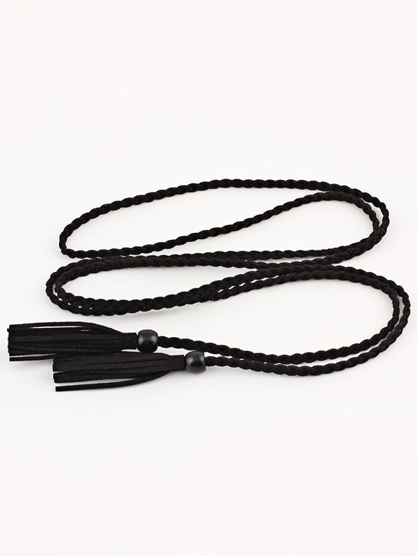 Bohemia Artificial Leather Weave Tasseled Solid Color Belt