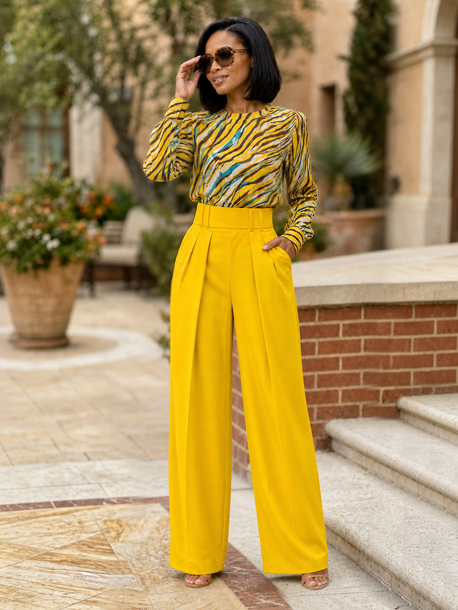 Solid Color Pockets Pleated No Belt Wide Leg Loose Trousers Pants（No belt）