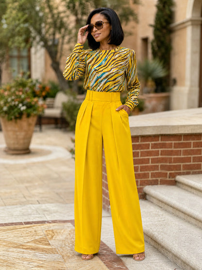 Solid Color Pockets Pleated No Belt Wide Leg Loose Trousers Pants（No belt）