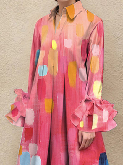 A-Line Loose Pleated Printed Split-Joint Lapel Maxi Dresses Shirt Dress