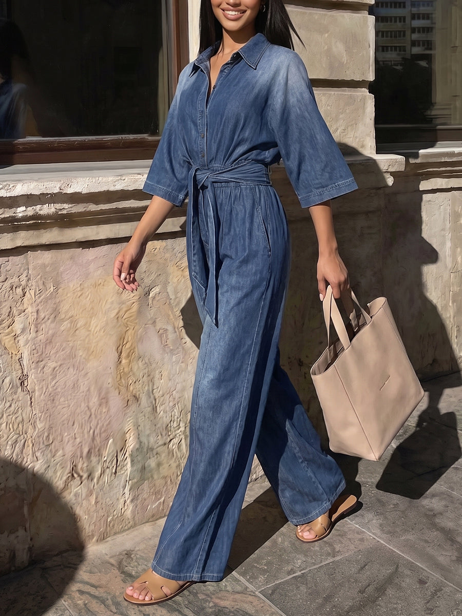 Tied Waist Pockets Gradient Buttoned Loose High Waisted Lapel Jumpsuits