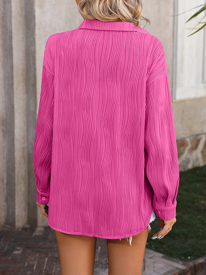 Long Sleeves Buttoned Jacquard Pleated Solid Color Blouses&Shirts Tops