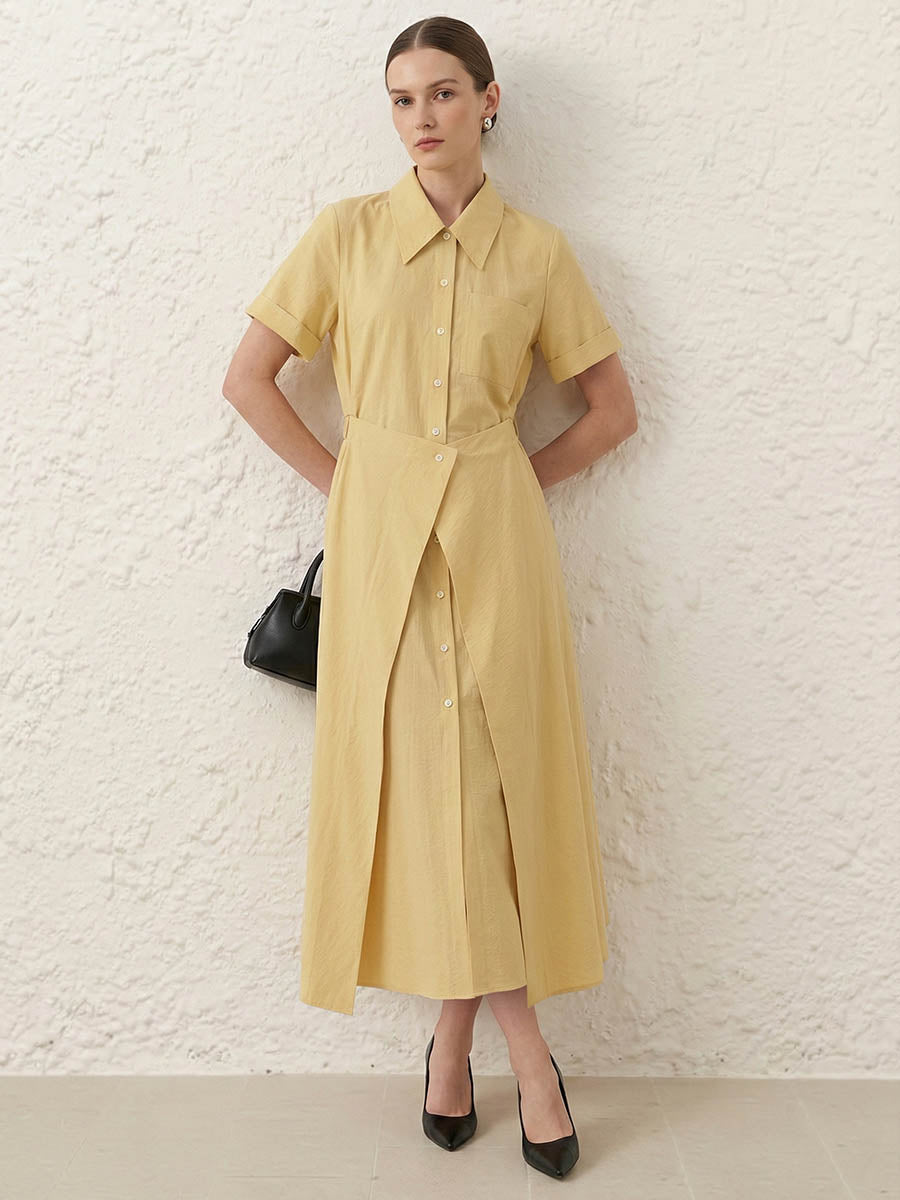 Elasticated Waist Short Sleeves Buttoned Layered Solid Color Split-Front Split-Joint Lapel Maxi Dresses Shirt Dress