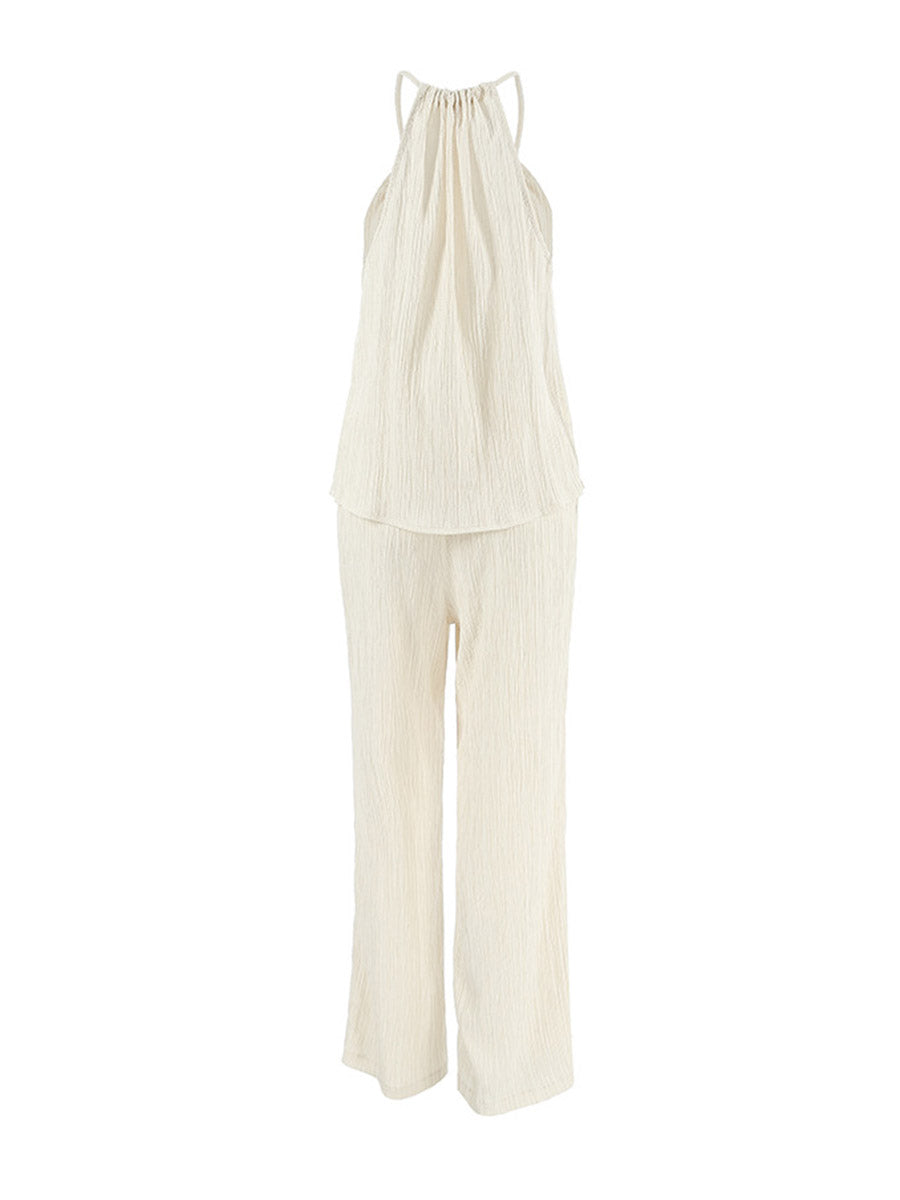 Solid Color Halter-Neck Cropped Pleated Split-Joint Tank Top + High Waisted Elasticity Tied Waist Pants Trousers Two Pieces Set