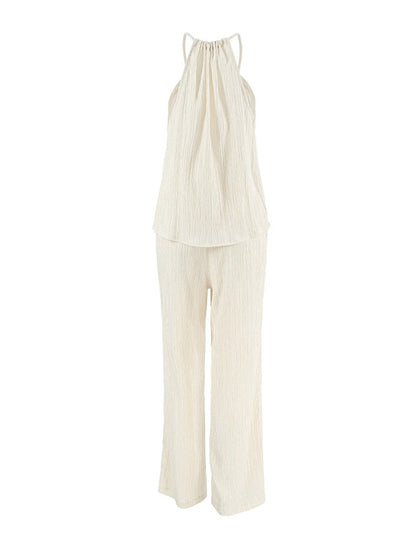 Solid Color Halter-Neck Cropped Pleated Split-Joint Tank Top + High Waisted Elasticity Tied Waist Pants Trousers Two Pieces Set