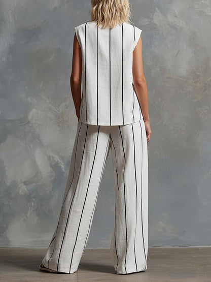 Loose Sleeveless Contrast Color Striped V-Neck Blouses&Shirts Tops