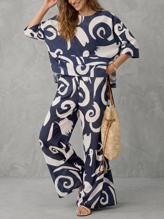 Printed Contrast Color Loose Three-Quarter Sleeve Round-Neck Blouses&Shirts Tops + Elasticity Wide Leg Pockets Pants Bottoms Two Pieces Set