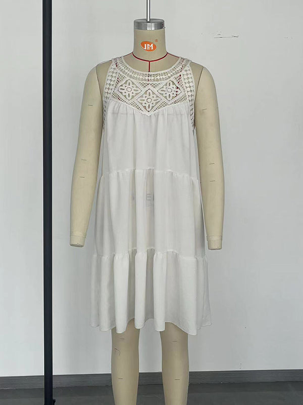 A-Linie Locker Hohl Plissee Einfarbig Split-Joint Rundhals Minikleider 