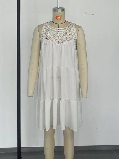 A-Linie Locker Hohl Plissee Einfarbig Split-Joint Rundhals Minikleider 