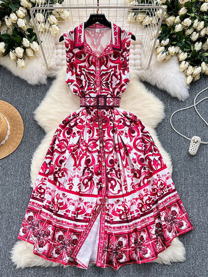 Sleeveless Belt Buckle Buttoned Contrast Color Floral Printed Midi Dresses