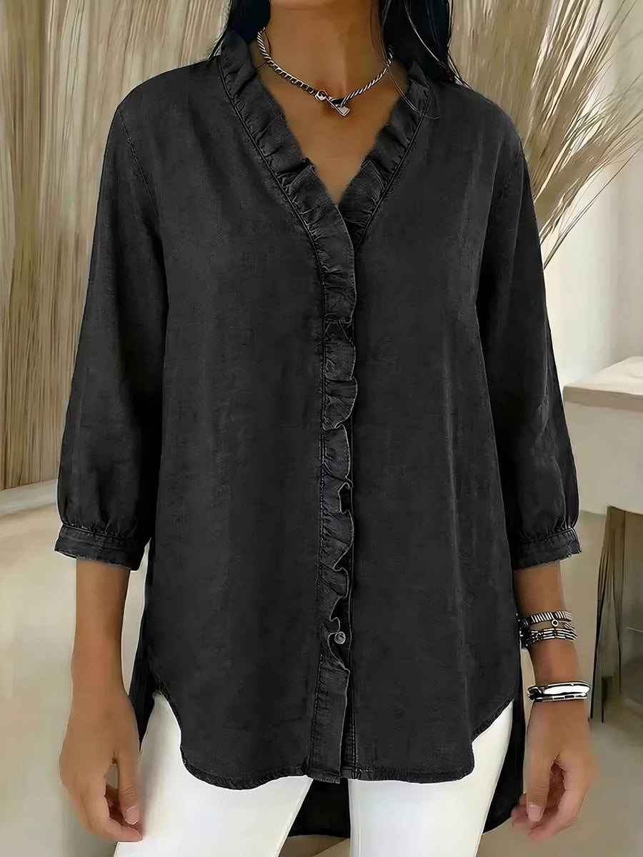 Loose Plus Size Ruffle Trim Solid Color V-Neck Blouses&Shirts Tops