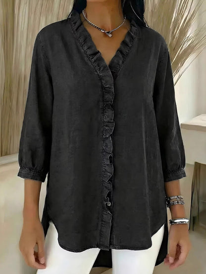 Loose Plus Size Ruffle Trim Solid Color V-Neck Blouses&Shirts Tops