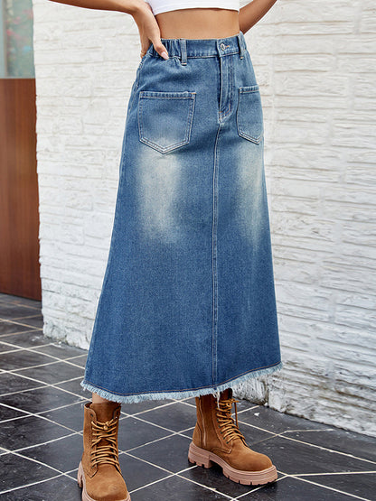 A-Line Loose Buttoned Elasticity Fringed Pockets Split-Joint Skirts Bottoms