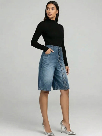 High Waisted Wide Leg Asymmetric Buttoned Pockets Solid Color Split-Joint Denim Shorts