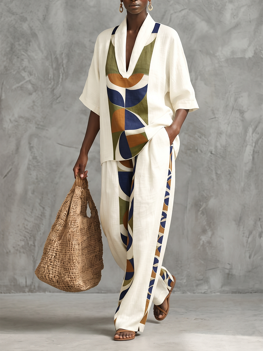 Split-Joint Printed Pockets Wide Leg Loose Trousers Pants