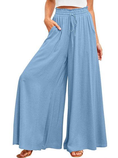 High Waisted Loose Drawstring Elasticity Pleated Pockets Solid Color Pants Trousers