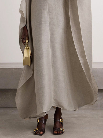 Robe longue ample à manches chauve-souris et col montant de couleur unie 