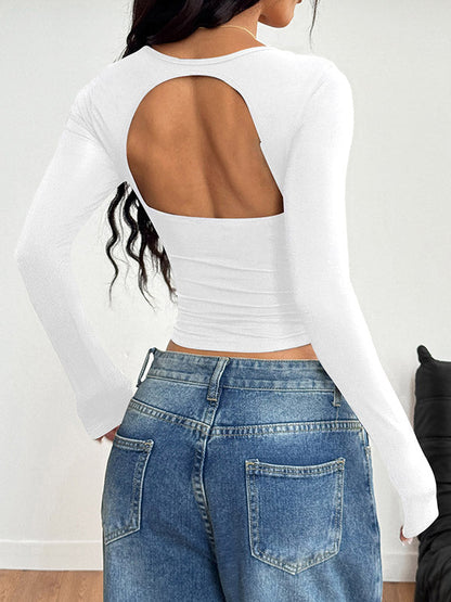 Long Sleeves Skinny Backless Pleated Solid Color Square-Neck T-Shirts Tops