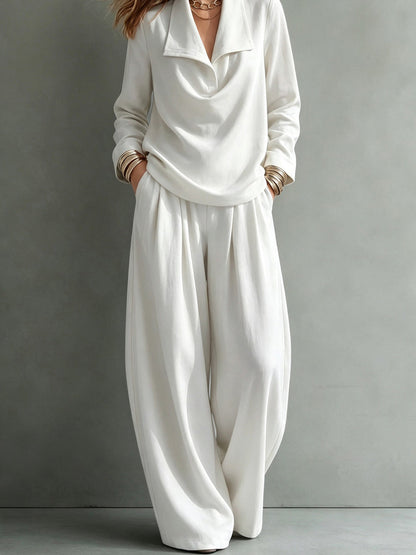 Solid Color Lapel Long Sleeves Blouses&shirts Tops + High Waisted Pleated Pockets Pants Trousers Two Pieces Set