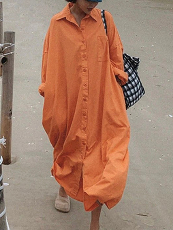Long Sleeves Loose Buttoned Solid Color Lapel Maxi Dresses Shirt Dress