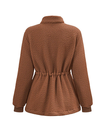 Long Sleeves Loose Drawstring Solid Color Velvet Zipper Stand Collar Outerwear