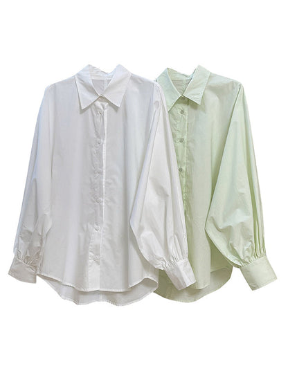 Casual Loose Puff Sleeves Solid Color Lapel Blouses