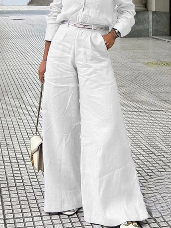 High Waisted Loose Solid Color Split-Joint Pants Trousers WHITE