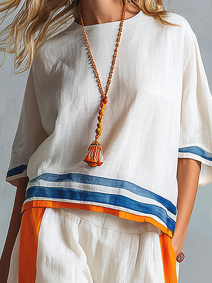 Loose Three-Quarter Sleeves Striped Round-Neck Blouses&Shirts Tops