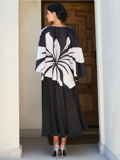 Batwing Sleeves Long Sleeves Contrast Color Flower Print Split-Side One-Shoulder Blouses&Shirts Tops