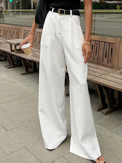 High Waisted Loose No Belt Pleated Pockets Solid Color Suit Pants Trousers