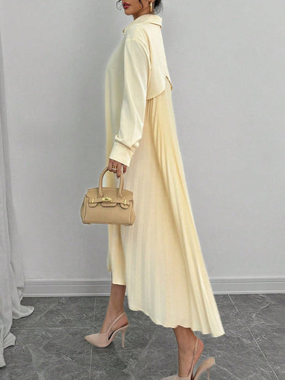 High-Low Long Sleeves Buttoned Pleated Solid Color Lapel Midi Dresses Shirt Dress