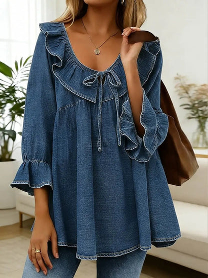 Flared Sleeves Loose Ruffled Solid Color Split-Joint Tied V-Neck Blouses&Shirts Tops