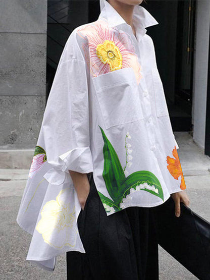 Chemisiers amples asymétriques à imprimé floral, à volants et à revers fendus sur les côtés 