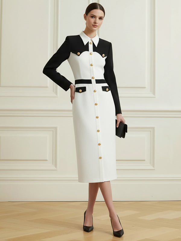 Long Sleeves Buttoned Contrast Color Split-Joint Lapel Midi Dresses