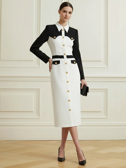 Long Sleeves Buttoned Contrast Color Split-Joint Lapel Midi Dresses
