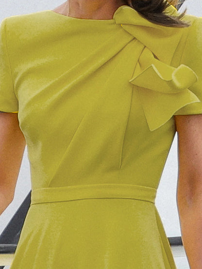 Loose Short Sleeves Pleated Solid Color Split-Joint Round-Neck Evening Dresses Midi Dresses