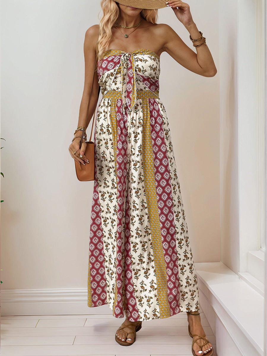High Waisted Sleeveless Backless Contrast Color Pleated Printed Split-Joint Tied Twist Tube Jumpsuits