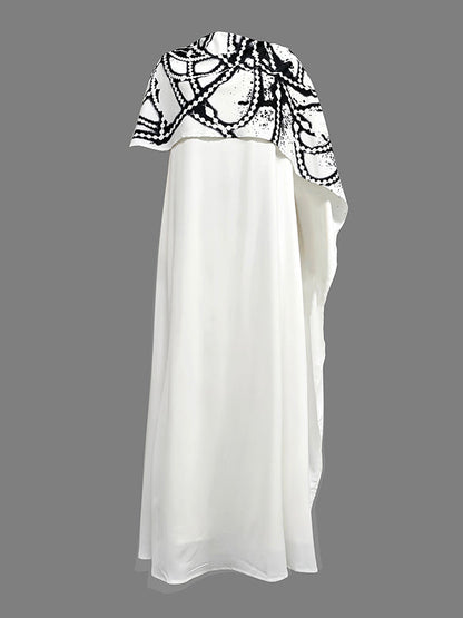 A-Line Capelet Contrast Color Printed Mock Neck Maxi Dresses