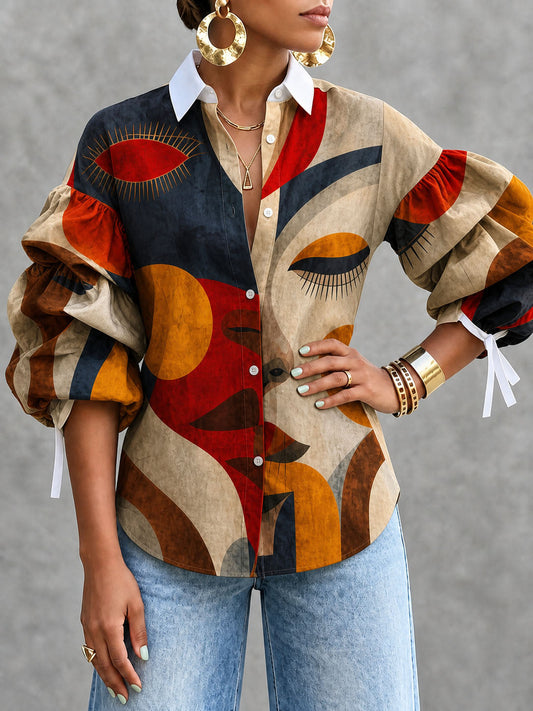 Tiered Split-Joint Figure Contrast Color Buttoned Puff Sleeves Half Sleeves Lapel Blouses&shirts Tops