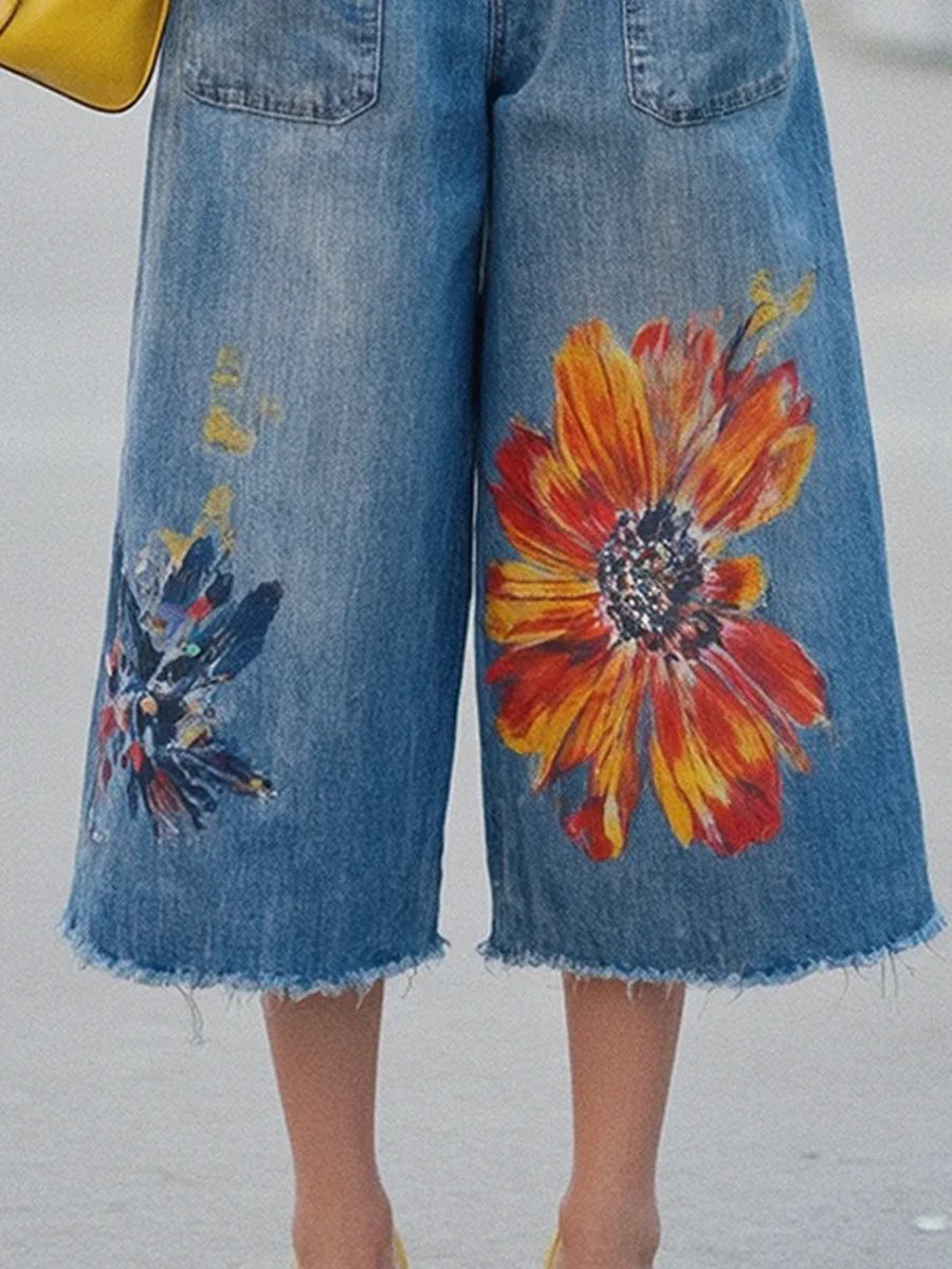 Loose Wide Leg Flower Print Fringed Pockets Jean Pants Bottoms