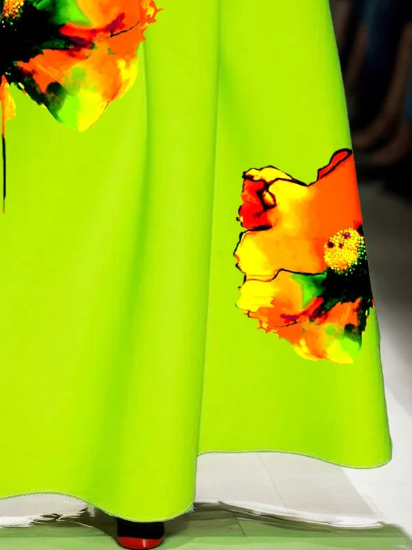 A-Line Loose Flower Print Pleated Pockets Skirts Bottoms